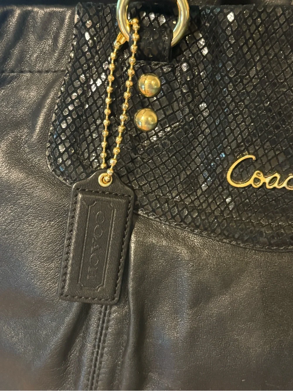 Coach Black Leather Tote with Textured Flap and Gold Accents